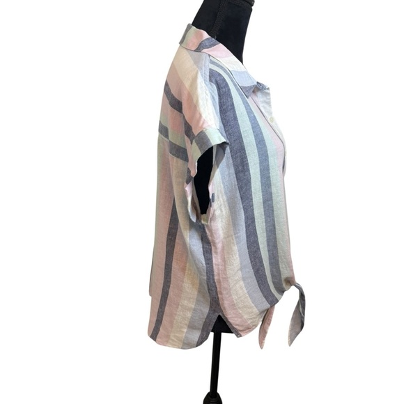 Sanctuary | Striped Borrego Cotton Linen Blend Tie-Front Button Down Shirt - Picture 4 of 9